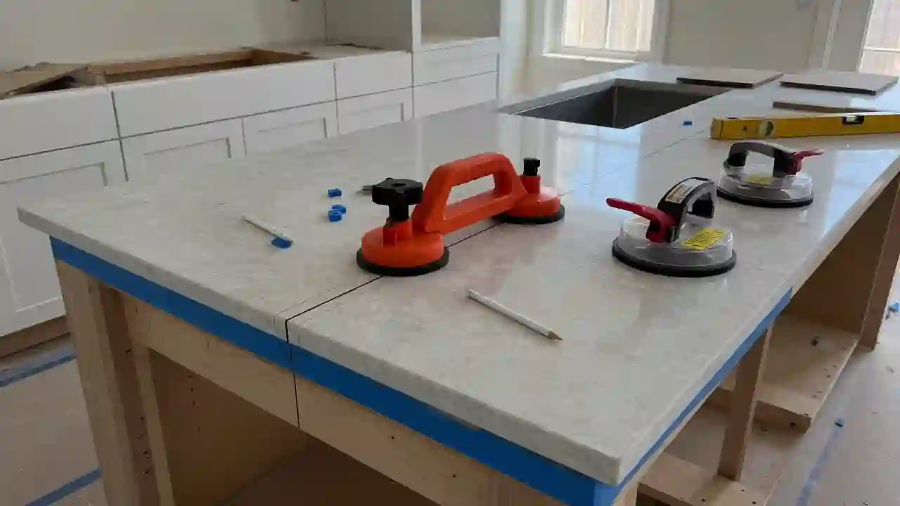 Quartz slab dry-fit on a kitchen island